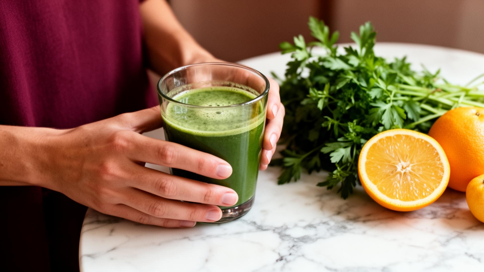 Fresh green juice with herbs and citrus on marble