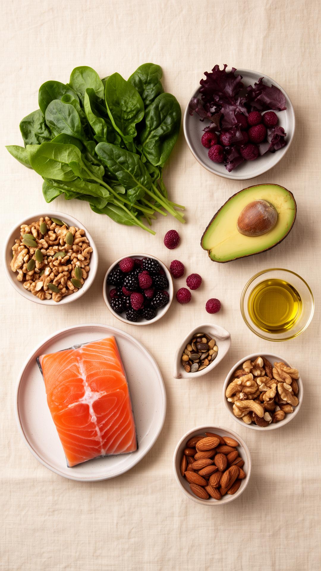Whole foods flat lay, leafy greens, berries, avocado, salmon, nuts